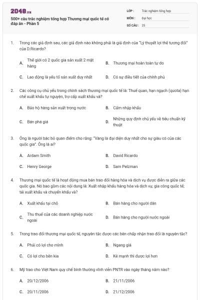 500+ câu trắc nghiệm tổng hợp Thương mại quốc tế có đáp án - Phần 5