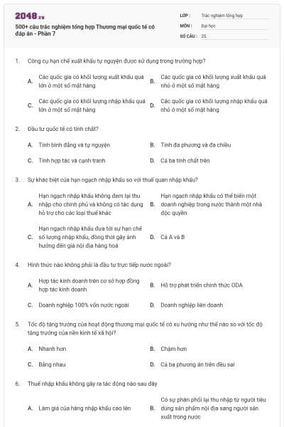 500+ câu trắc nghiệm tổng hợp Thương mại quốc tế có đáp án - Phần 7