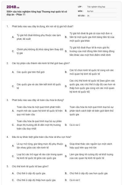 500+ câu trắc nghiệm tổng hợp Thương mại quốc tế có đáp án - Phần 11