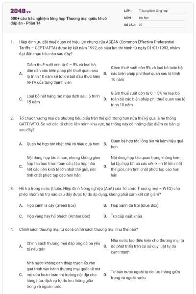 500+ câu trắc nghiệm tổng hợp Thương mại quốc tế có đáp án - Phần 14