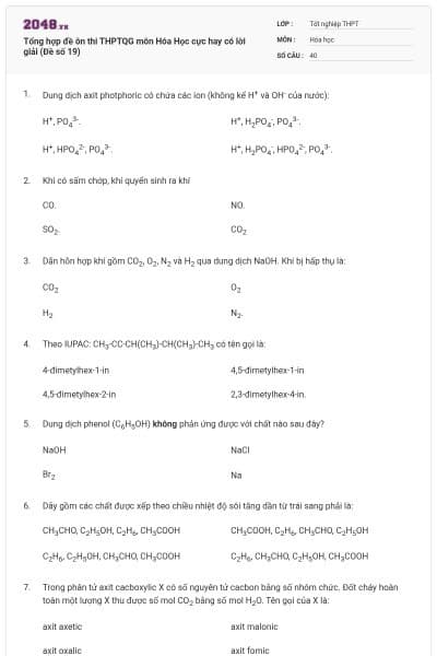 Tổng hợp đề ôn thi THPTQG môn Hóa Học cực hay có lời giải (Đề số 19)