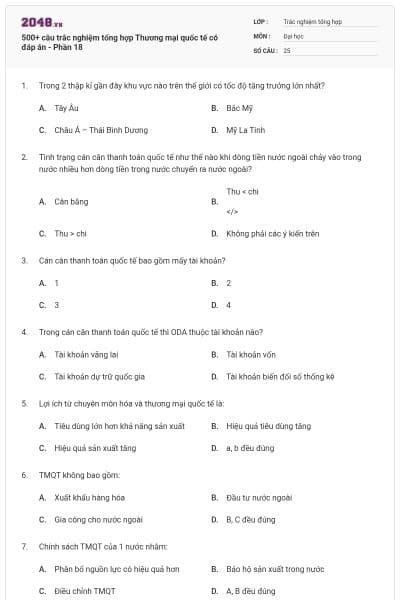 500+ câu trắc nghiệm tổng hợp Thương mại quốc tế có đáp án - Phần 18