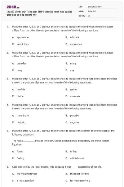 (2023) Đề thi thử Tiếng anh THPT theo đề minh họa của Bộ giáo dục có đáp án (Đề 45)
