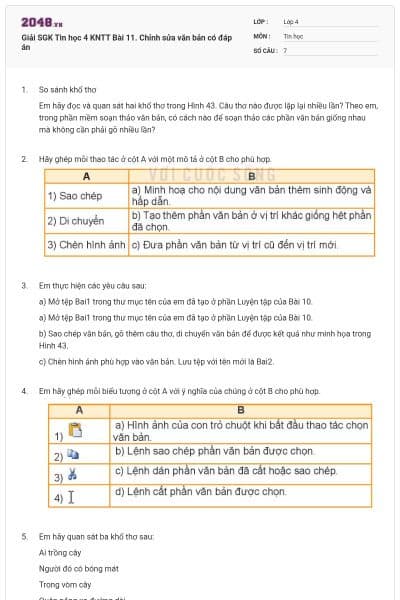 Giải SGK Tin học 4 KNTT Bài 11. Chỉnh sửa văn bản có đáp án