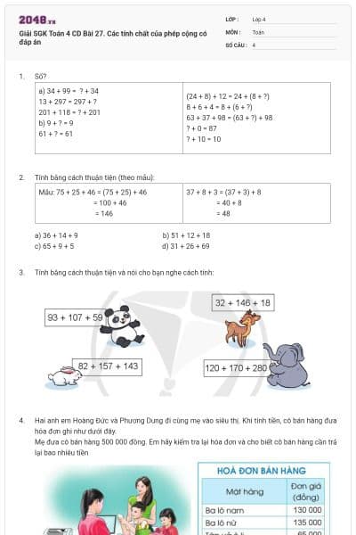 Giải SGK Toán 4 CD Bài 27. Các tính chất của phép cộng có đáp án
