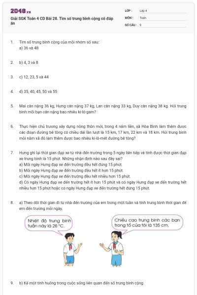 Giải SGK Toán 4 CD Bài 28. Tìm số trung bình cộng có đáp án