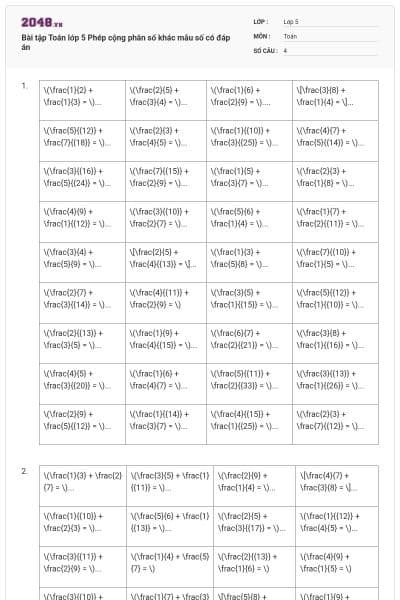 Bài tập Toán lớp 5 Phép cộng phân số khác mẫu số có đáp án