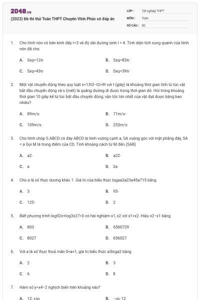 (2023) Đề thi thử Toán THPT Chuyên Vĩnh Phúc có đáp án