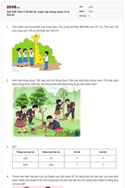 Giải SGK Toán 4 CD Bài 30. Luyện tập chung trang 74 có đáp án