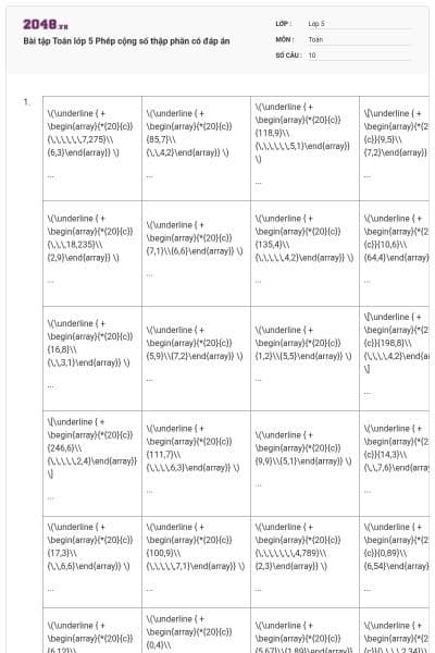 Bài tập Toán lớp 5 Phép cộng số thập phân có đáp án
