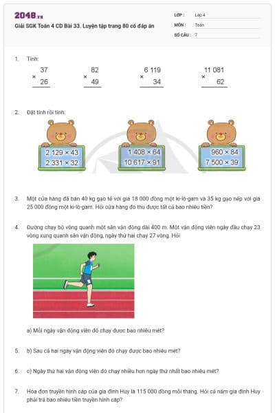 Giải SGK Toán 4 CD Bài 33. Luyện tập trang 80 có đáp án