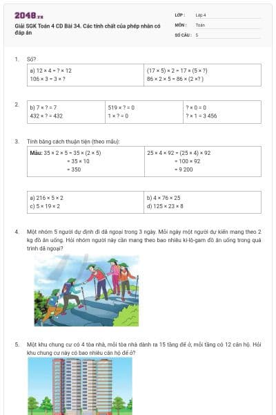 Giải SGK Toán 4 CD Bài 34. Các tính chất của phép nhân có đáp án