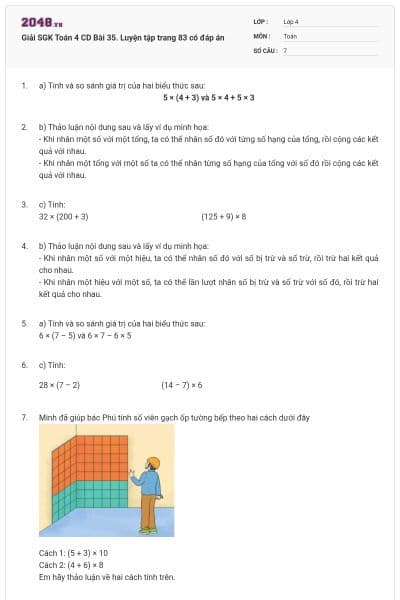 Giải SGK Toán 4 CD Bài 35. Luyện tập trang 83 có đáp án