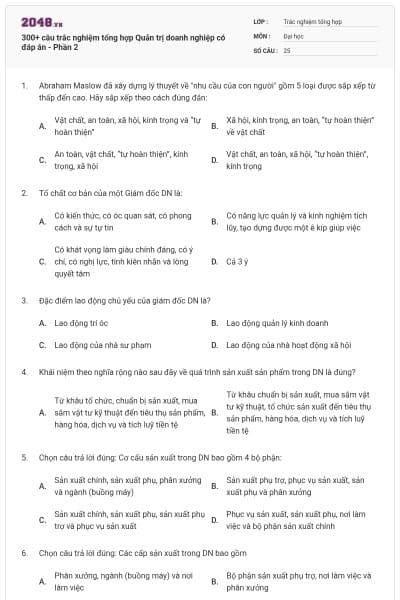 300+ câu trắc nghiệm tổng hợp Quản trị doanh nghiệp có đáp án - Phần 2