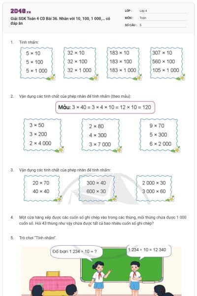 Giải SGK Toán 4 CD Bài 36. Nhân với 10, 100, 1 000,… có đáp án