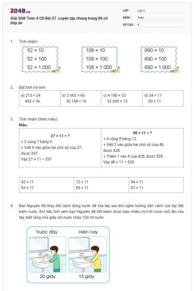 Giải SGK Toán 4 CD Bài 37. Luyện tập chung trang 86 có đáp án