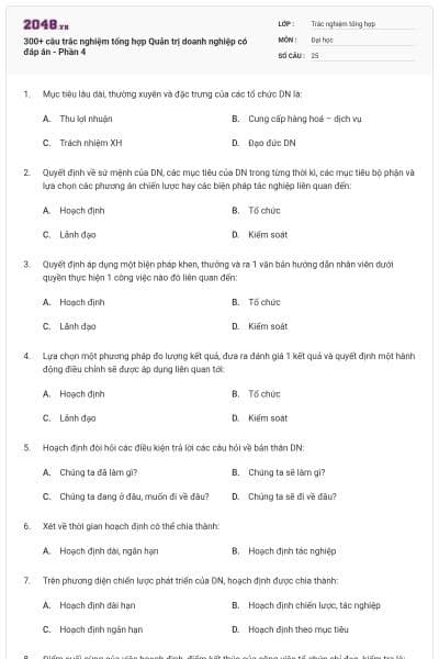 300+ câu trắc nghiệm tổng hợp Quản trị doanh nghiệp có đáp án - Phần 4