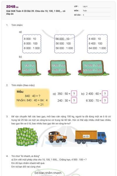 Giải SGK Toán 4 CD Bài 39. Chia cho 10, 100, 1 000,… có đáp án