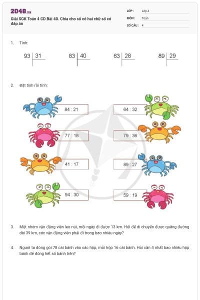 Giải SGK Toán 4 CD Bài 40. Chia cho số có hai chữ số có đáp án
