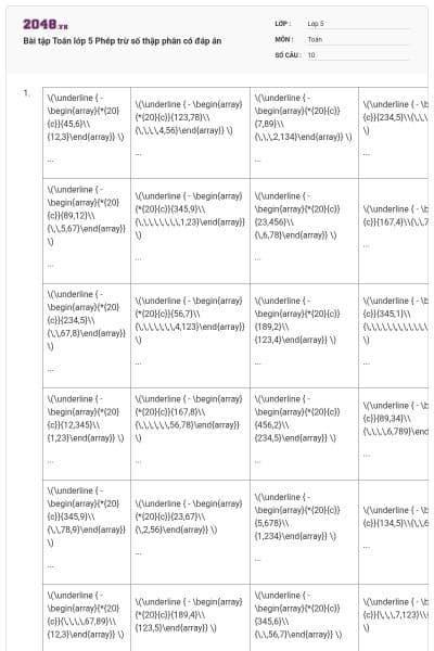 Bài tập Toán lớp 5 Phép trừ số thập phân có đáp án