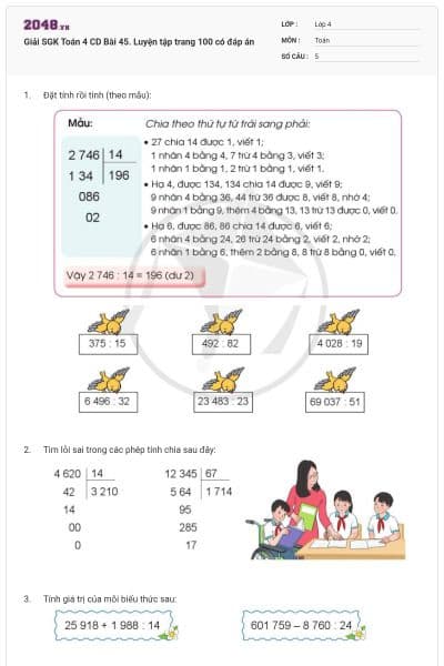 Giải SGK Toán 4 CD Bài 45. Luyện tập trang 100 có đáp án