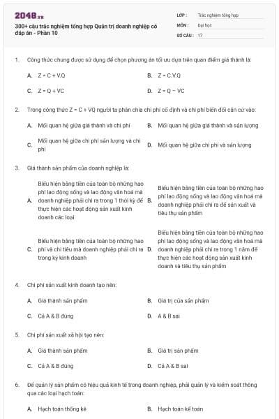 300+ câu trắc nghiệm tổng hợp Quản trị doanh nghiệp có đáp án - Phần 10
