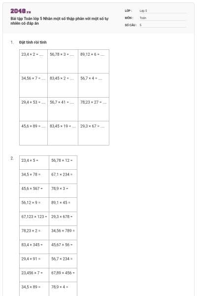 Bài tập Toán lớp 5 Nhân một số thập phân với một số tự nhiên có đáp án
