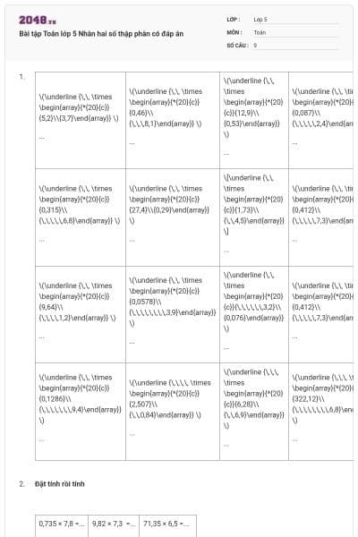 Bài tập Toán lớp 5 Nhân hai số thập phân có đáp án