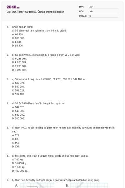 Giải SGK Toán 4 CD Bài 52. Ôn tập chung có đáp án