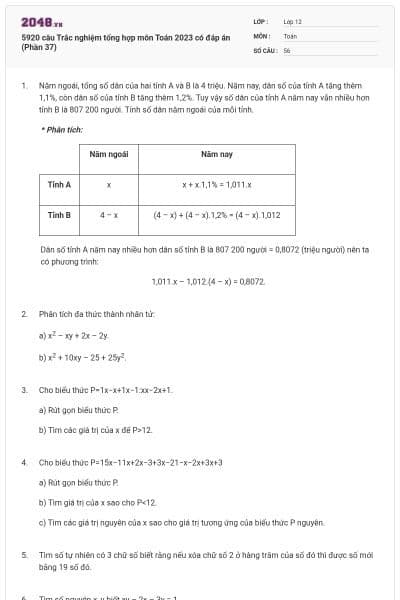 5920 câu Trắc nghiệm tổng hợp môn Toán 2023 có đáp án (Phần 37)
