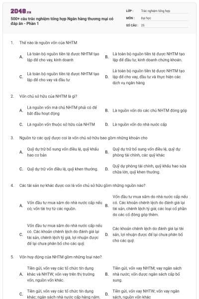 500+ câu trắc nghiệm tổng hợp Ngân hàng thương mại có đáp án - Phần 1