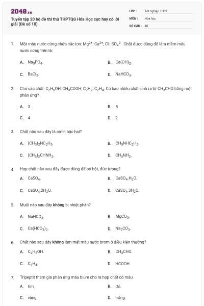Tuyển tập 20 bộ đề thi thử THPTQG Hóa Học cực hay có lời giải (Đề số 10)