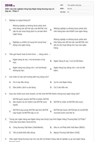 500+ câu trắc nghiệm tổng hợp Ngân hàng thương mại có đáp án - Phần 9