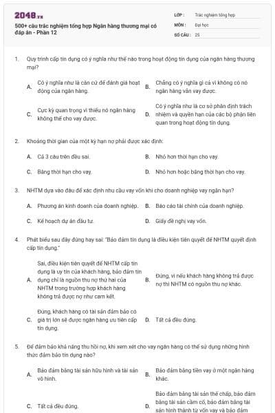 500+ câu trắc nghiệm tổng hợp Ngân hàng thương mại có đáp án - Phần 12
