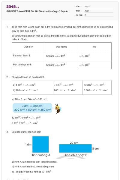Giải SGK Toán 4 CTST Bài 20. Đề-xi-mét vuông có đáp án