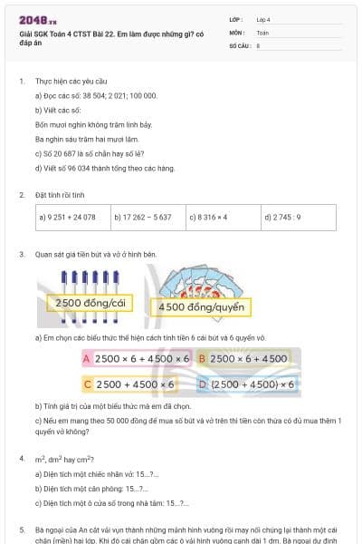 Giải SGK Toán 4 CTST Bài 22. Em làm được những gì? có đáp án