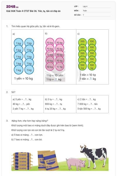 Giải SGK Toán 4 CTST Bài 36. Yến, tạ, tấn có đáp án