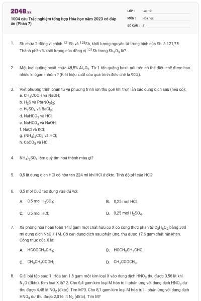 1004 câu Trắc nghiệm tổng hợp Hóa học năm 2023 có đáp án (Phần 7)