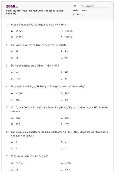 Đề thi thử THPT Quốc gia năm 2019 Hóa học có lời giải ( đề số 17)