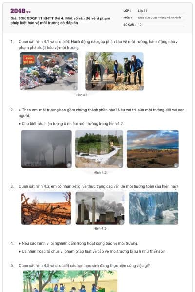 Giải SGK GDQP 11 KNTT Bài 4. Một số vấn đề về vi phạm pháp luật bảo vệ môi trường có đáp án