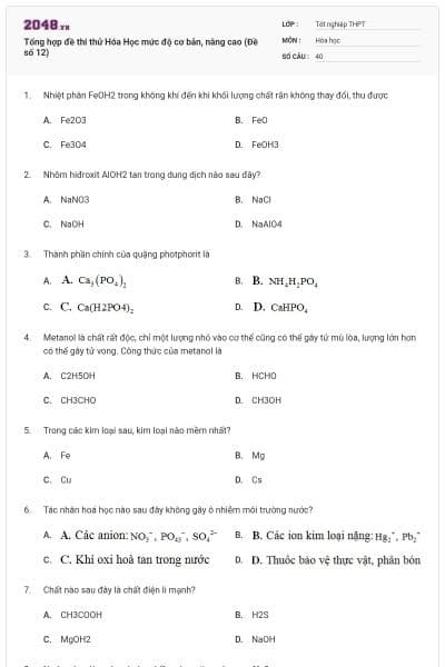Tổng hợp đề thi thử Hóa Học mức độ cơ bản, nâng cao (Đề số 12)