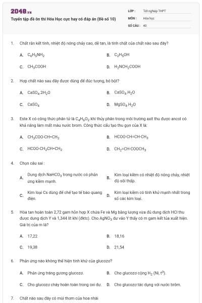 Tuyển tập đề ôn thi Hóa Học cực hay có đáp án (Đề số 10)