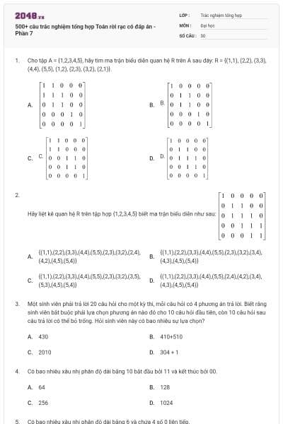 500+ câu trắc nghiệm tổng hợp Toán rời rạc có đáp án - Phần 7