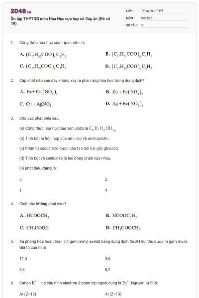 Ôn tập THPTGQ môn Hóa Học cực hay có đáp án (Đề số 19)