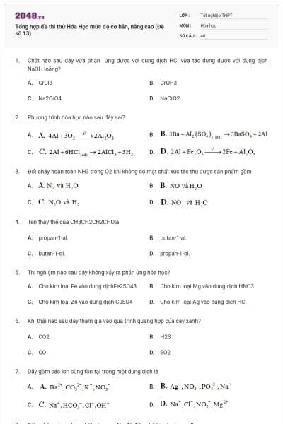 Tổng hợp đề thi thử Hóa Học mức độ cơ bản, nâng cao (Đề sô 13)