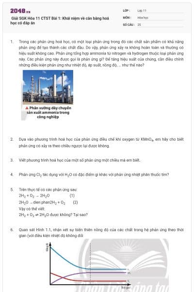 Giải SGK Hóa 11 CTST Bài 1: Khái niệm về cân bằng hoá học có đáp án