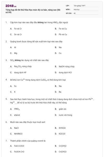 Tổng hợp đề thi thử Hóa Học mức độ cơ bản, nâng cao (Đề số 04)