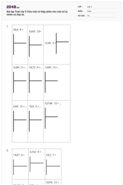 Bài tập Toán lớp 5 Chia một số thập phân cho một số tự nhiên có đáp án