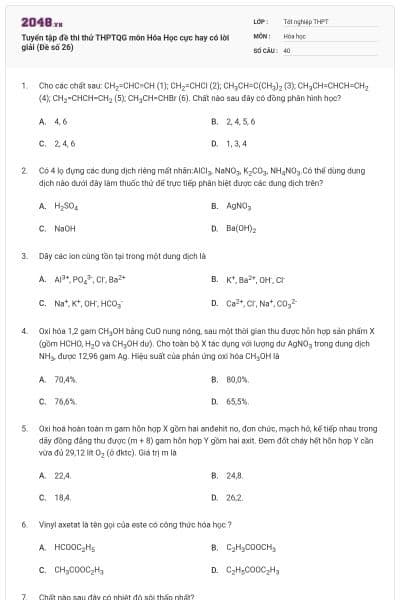 Tuyển tập đề thi thử THPTQG môn Hóa Học cực hay có lời giải (Đề số 26)