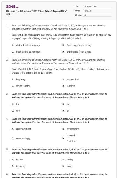 Đề minh họa tốt nghiệp THPT Tiếng Anh có đáp án (Đề số 43)